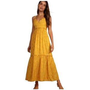 Lulus Charm and Charisma Yellow Burnourt Floral Midi Dress Size Large New